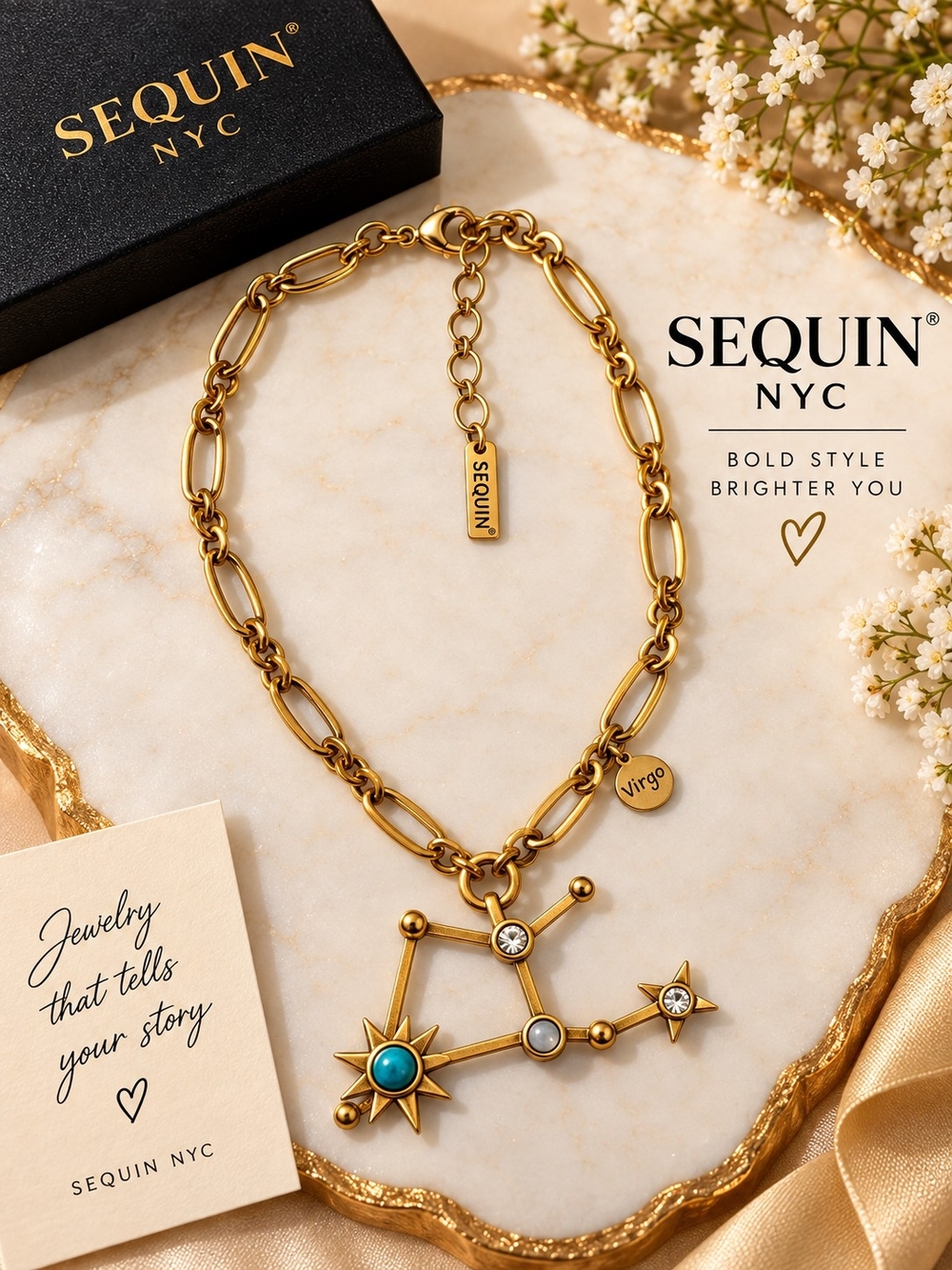 Gold Virgo Constellation Necklace with Turquoise Accent